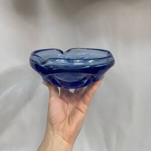 Vintage Blue Crystal Glass Bubble Pattern Ashtray Bowl